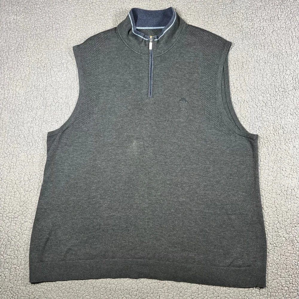 Tommy Bahama Quarter Zip Vest Mens 2XLB Gray Coolmax  Mesh Knit Sweater